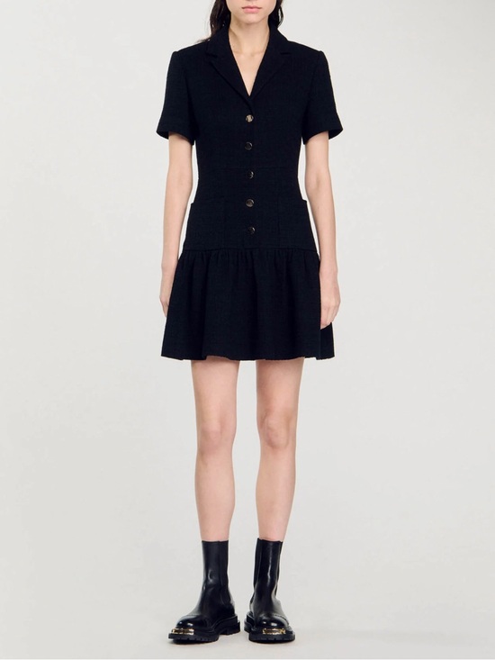 Sandro Dresses & Skirts - Sandro Black Short-Sleeve Button-Front Tweed Mini Dress